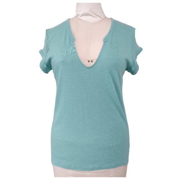 Free People Sculpted V-neck Cap Sleeve T-shirt Size L Turquoise Knit Casual Top - Picture 1 of 8